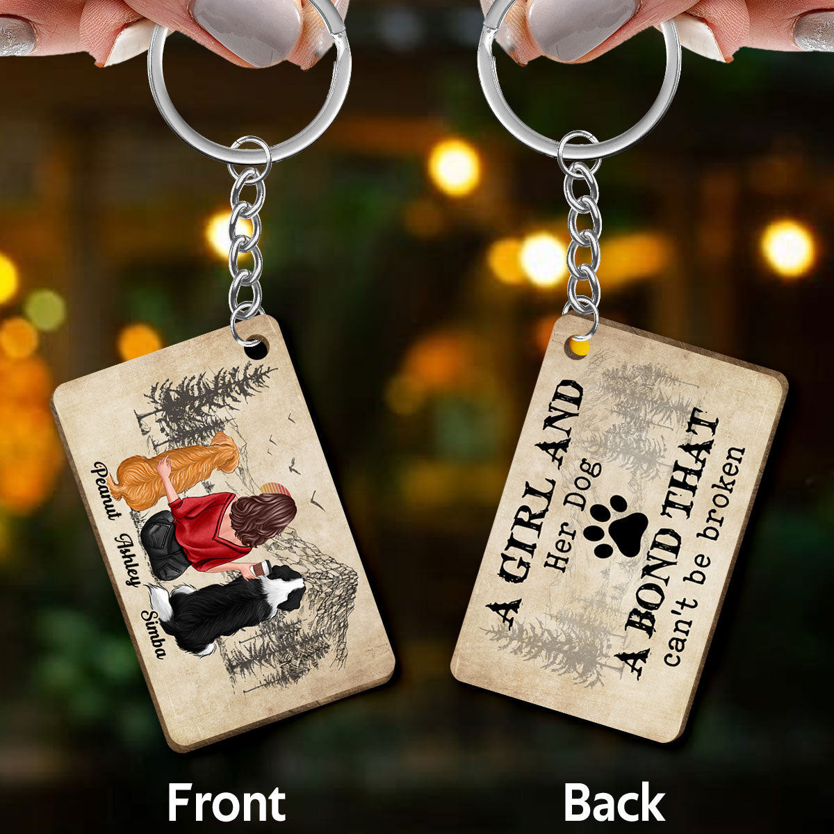 A Girl And Her Dogs A Bond Can‘t Be Broken Personalized Wooden Keychain