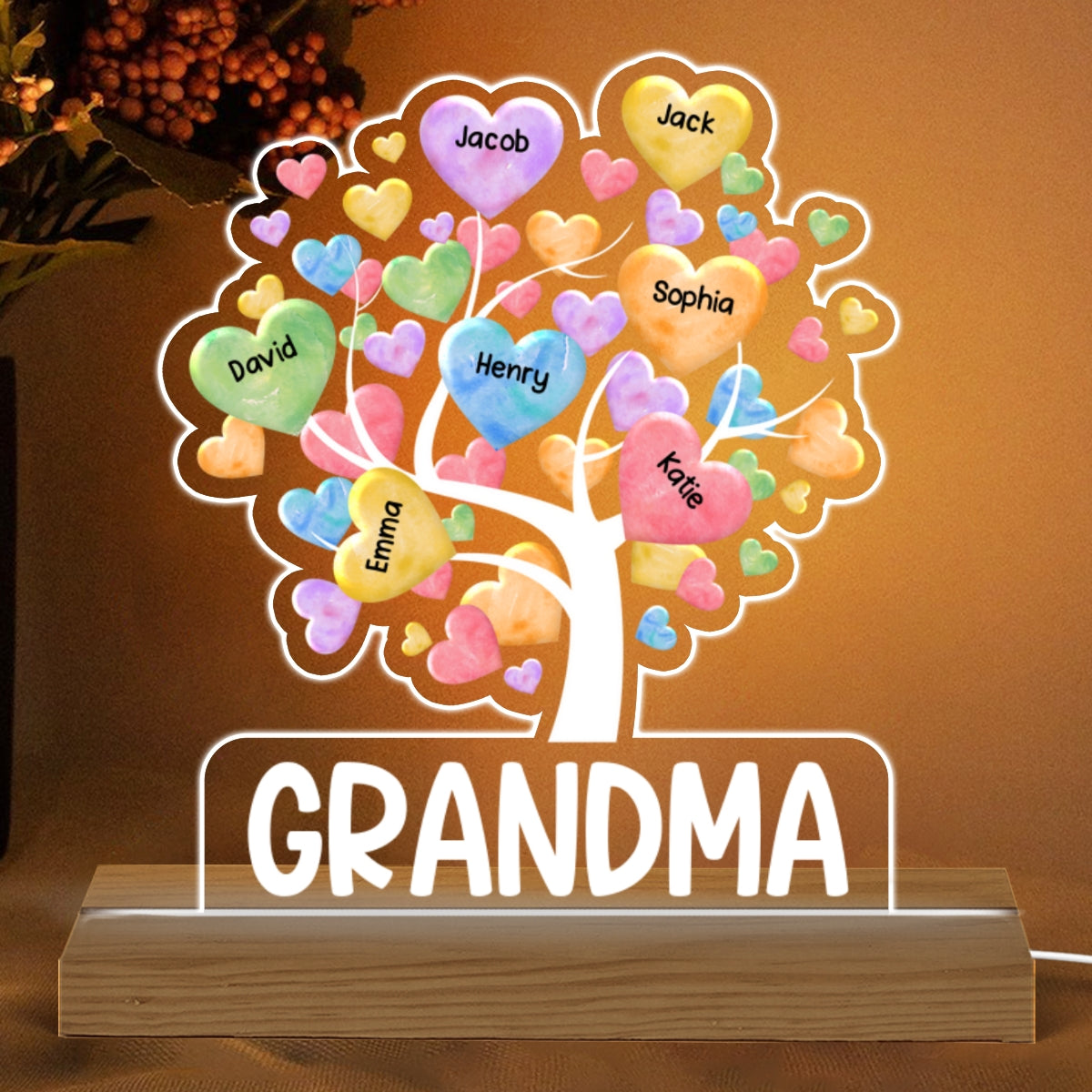 Colorful Heart Tree Grandma Grandkids Name Personalized Custom Shaped Acrylic Plaque With Warm LED Night Light