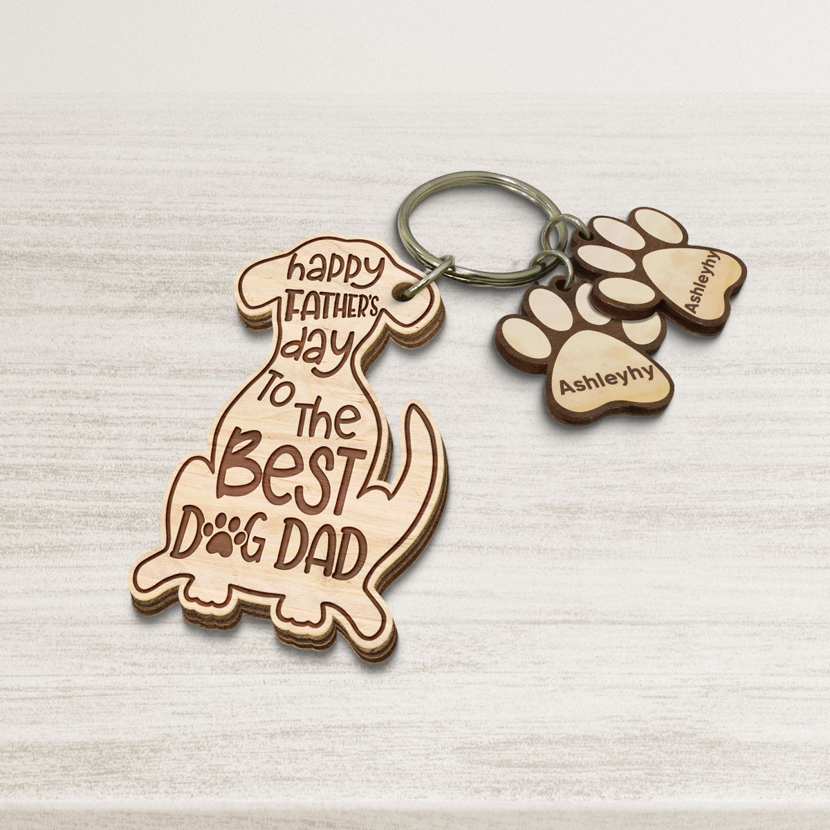 Happy Father‘s Day To Best Dog Dad Personalized Multi Paw Charm Wooden Keychain