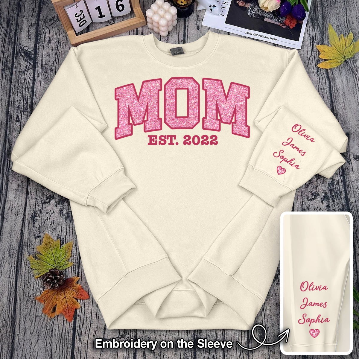 [Premium Glitter Embroidery] Personalized Mom Est. Year Sweatshirt with Side Bow - Heartfelt Mother's Day Gift for Mom & Grandma