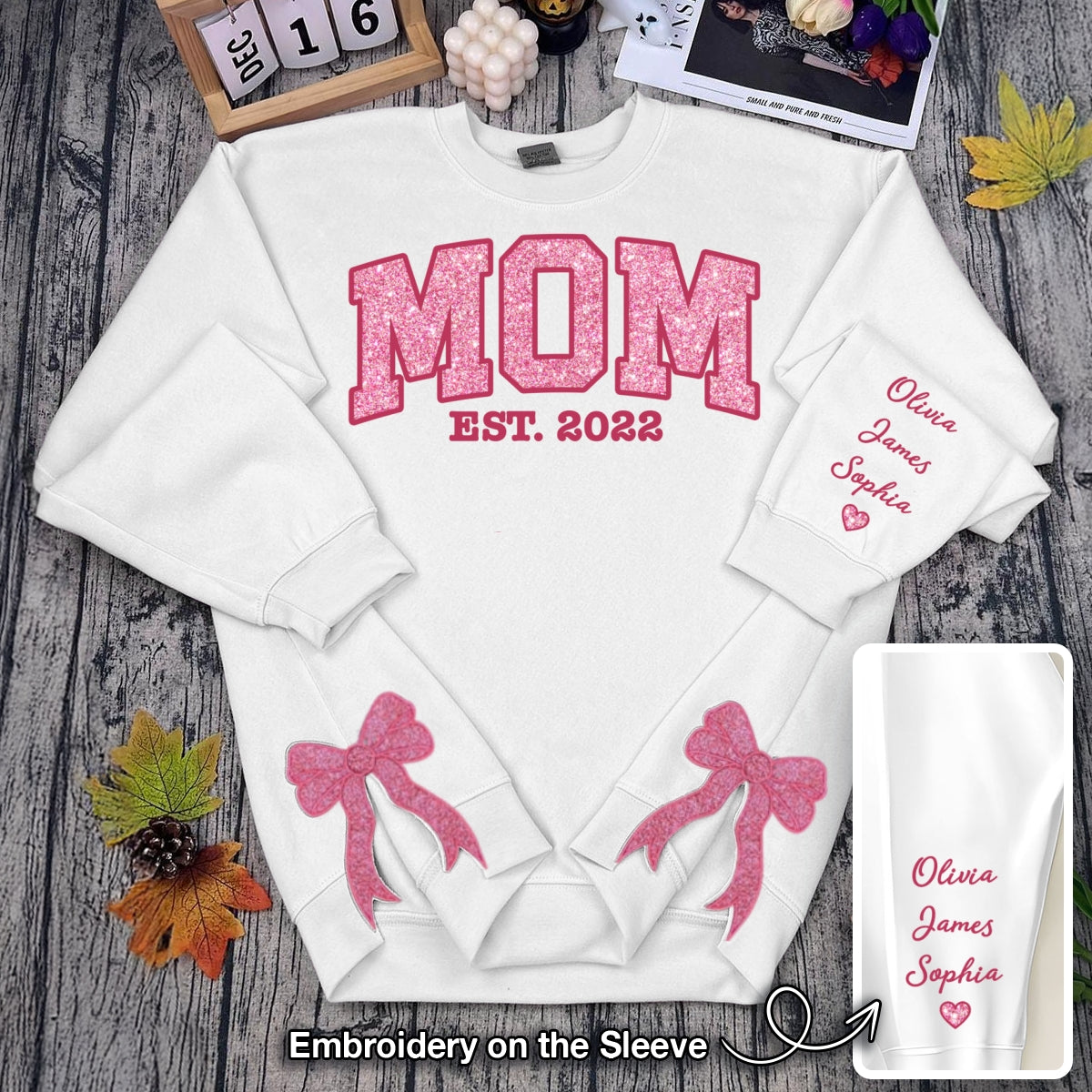 [Premium Glitter Embroidery] Personalized Mom Est. Year Sweatshirt with Side Bow - Heartfelt Mother's Day Gift for Mom & Grandma