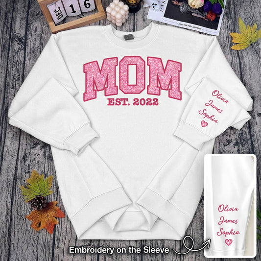 [Premium Glitter Embroidery] Personalized Mom Est. Year Sweatshirt with Side Bow - Heartfelt Mother's Day Gift for Mom & Grandma