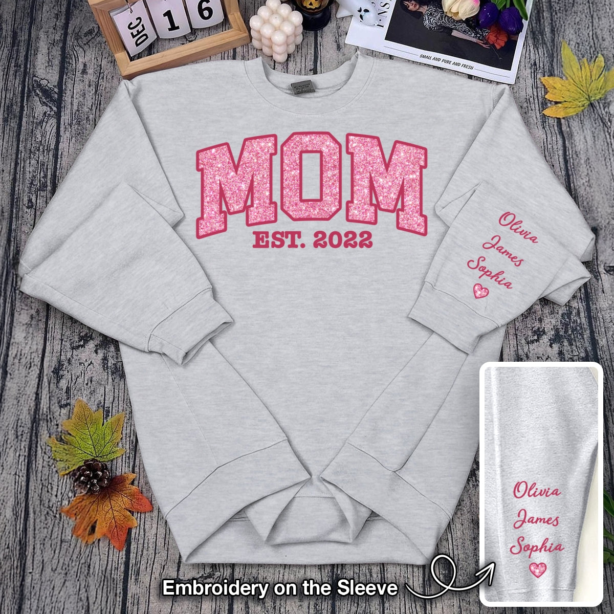 [Premium Glitter Embroidery] Personalized Mom Est. Year Sweatshirt with Side Bow - Heartfelt Mother's Day Gift for Mom & Grandma