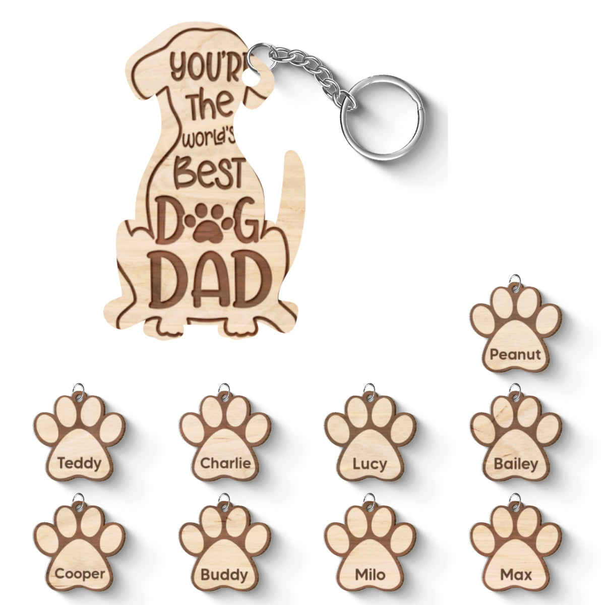 Happy Father‘s Day To Best Dog Dad Personalized Multi Paw Charm Wooden Keychain