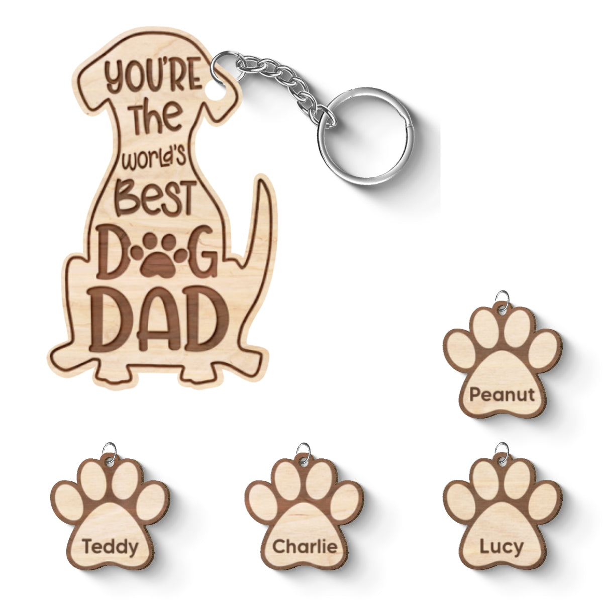 Happy Father‘s Day To Best Dog Dad Personalized Multi Paw Charm Wooden Keychain