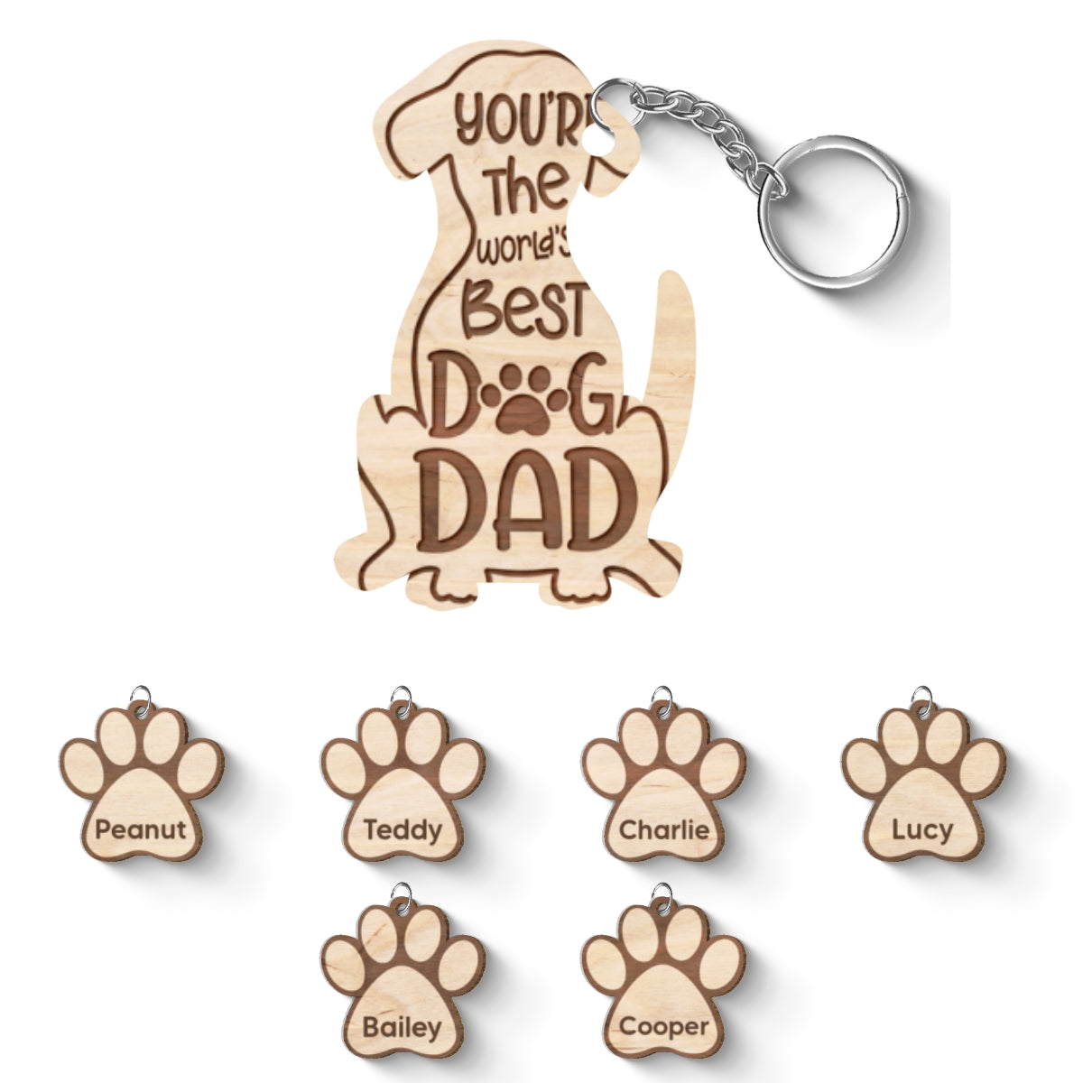 Happy Father‘s Day To Best Dog Dad Personalized Multi Paw Charm Wooden Keychain
