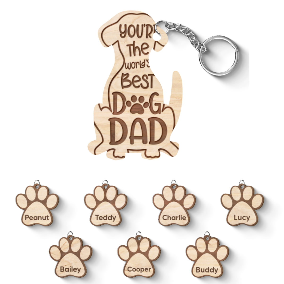 Happy Father‘s Day To Best Dog Dad Personalized Multi Paw Charm Wooden Keychain