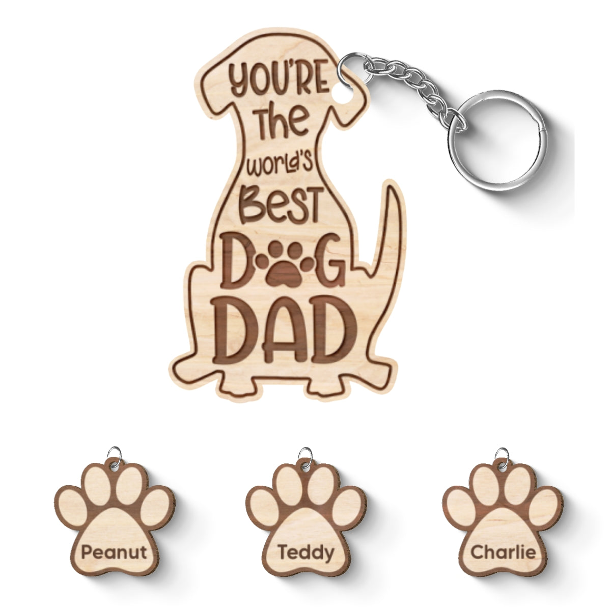 Happy Father‘s Day To Best Dog Dad Personalized Multi Paw Charm Wooden Keychain