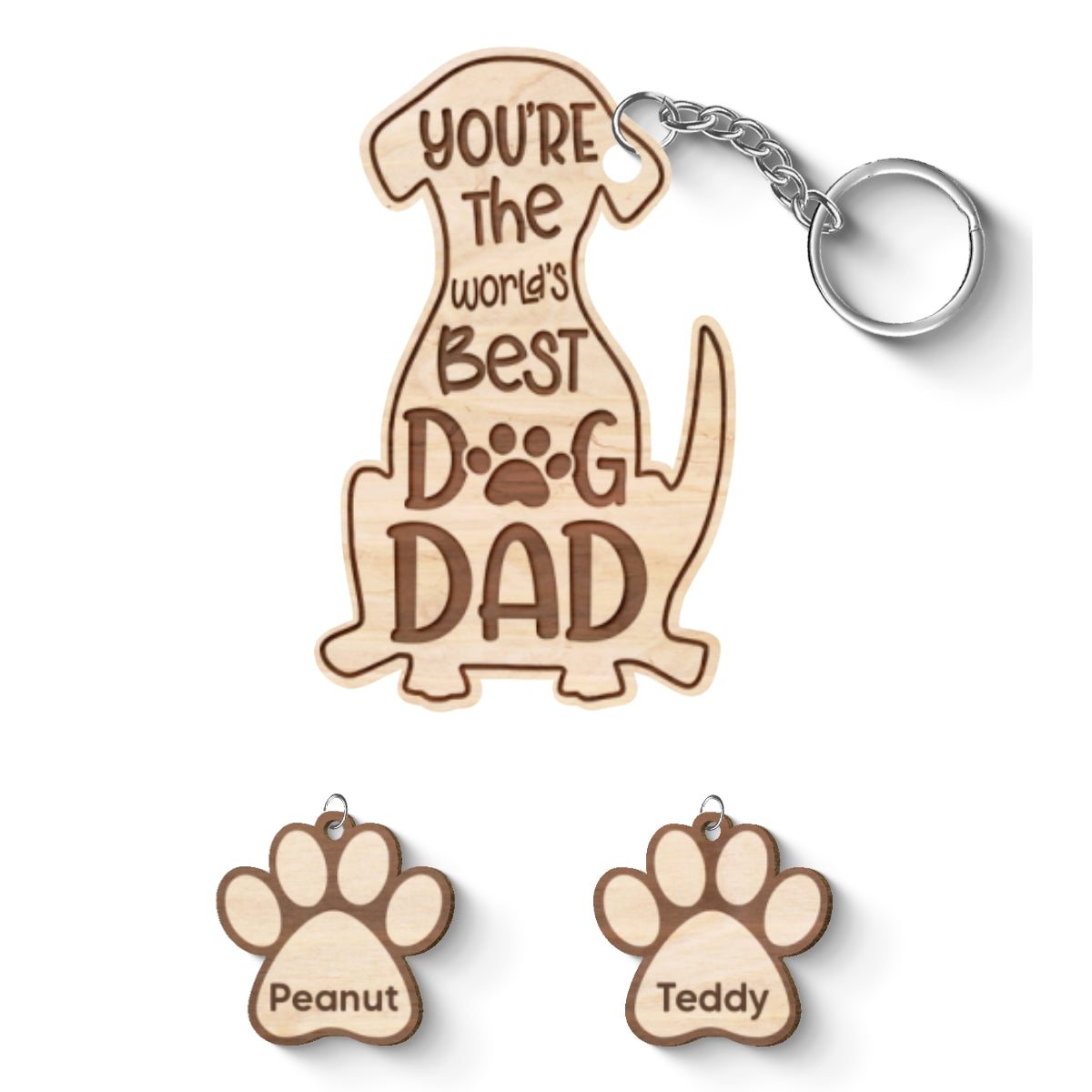 Happy Father‘s Day To Best Dog Dad Personalized Multi Paw Charm Wooden Keychain
