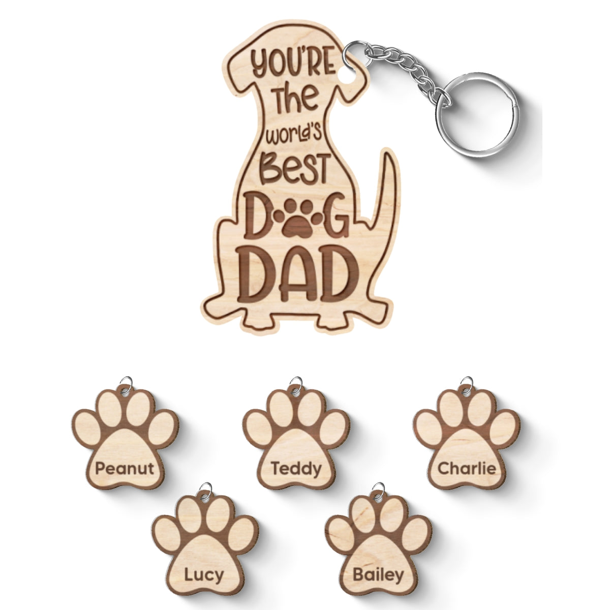 Happy Father‘s Day To Best Dog Dad Personalized Multi Paw Charm Wooden Keychain
