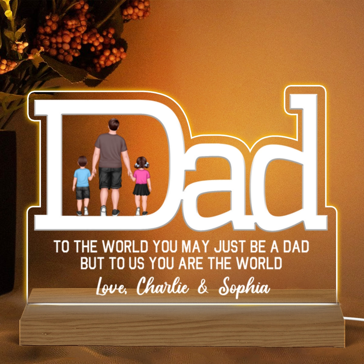 Dad Shape Back View Walking Dad & Kid Personalized Custom Shaped Acrylic Plaque With Warm LED Night Light