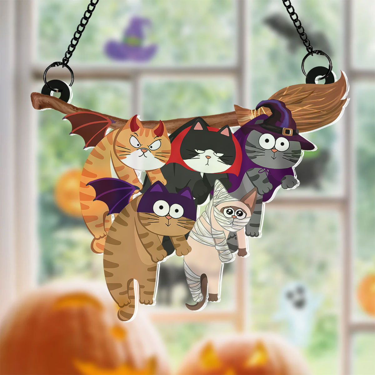Naughty Cats Hanging On Halloween Broom Personalized Suncatcher, Halloween Decor