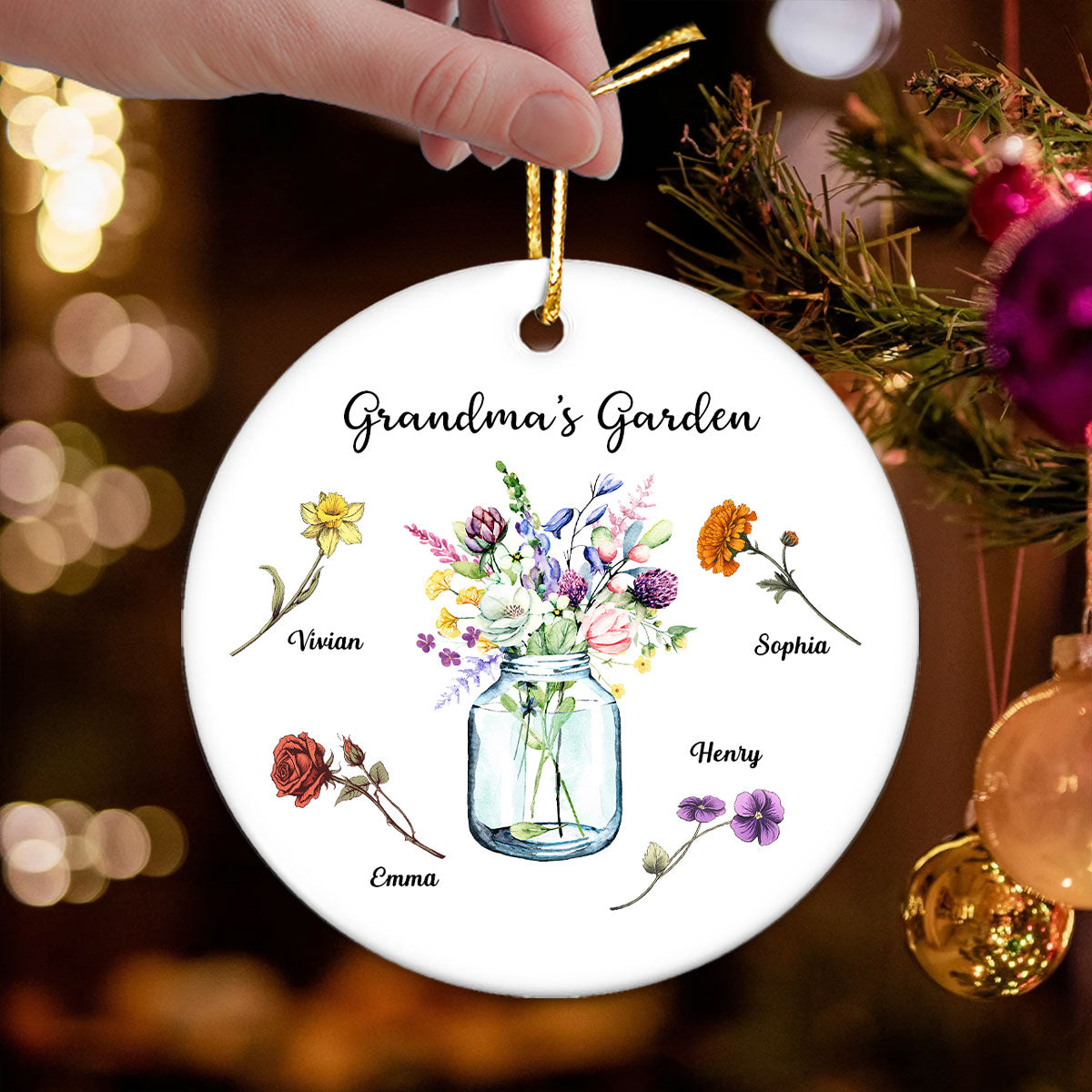 Grandma Garden Birth Month Flowers Vase Personalized Circle Ceramic Ornament, Christmas Gift for Grandma