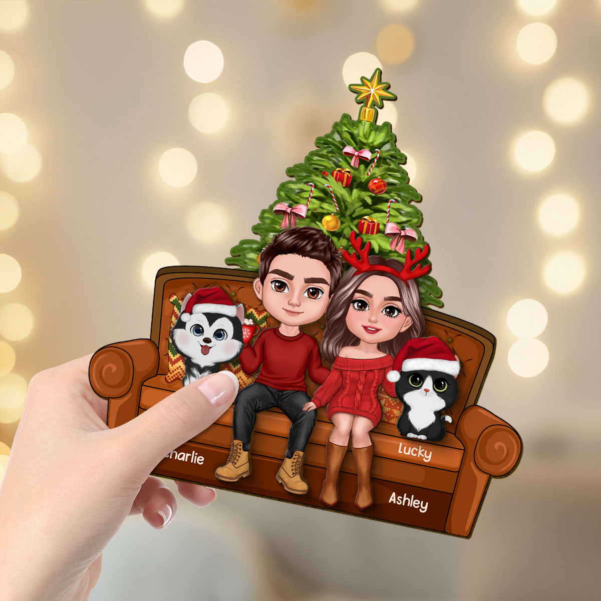 Christmas Couple With Dog Cat Sitting On Sofa Personalized 2 Layer Wooden Plaque
