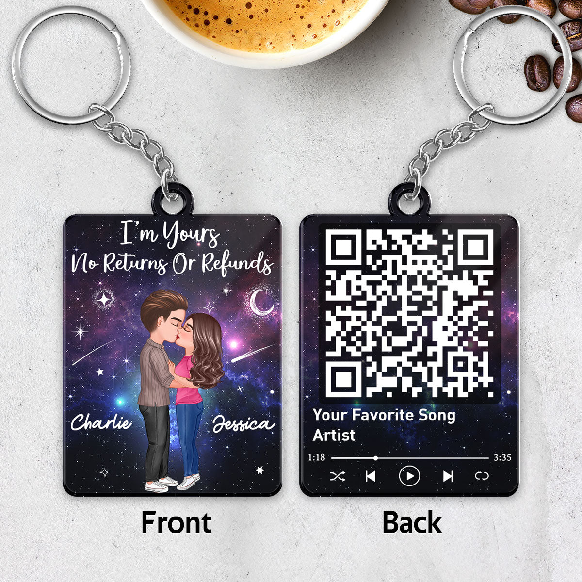 Doll Couple Kissing In Galaxy Night Favorite Song Scannable QR Code Personalized Acrylic Keychain