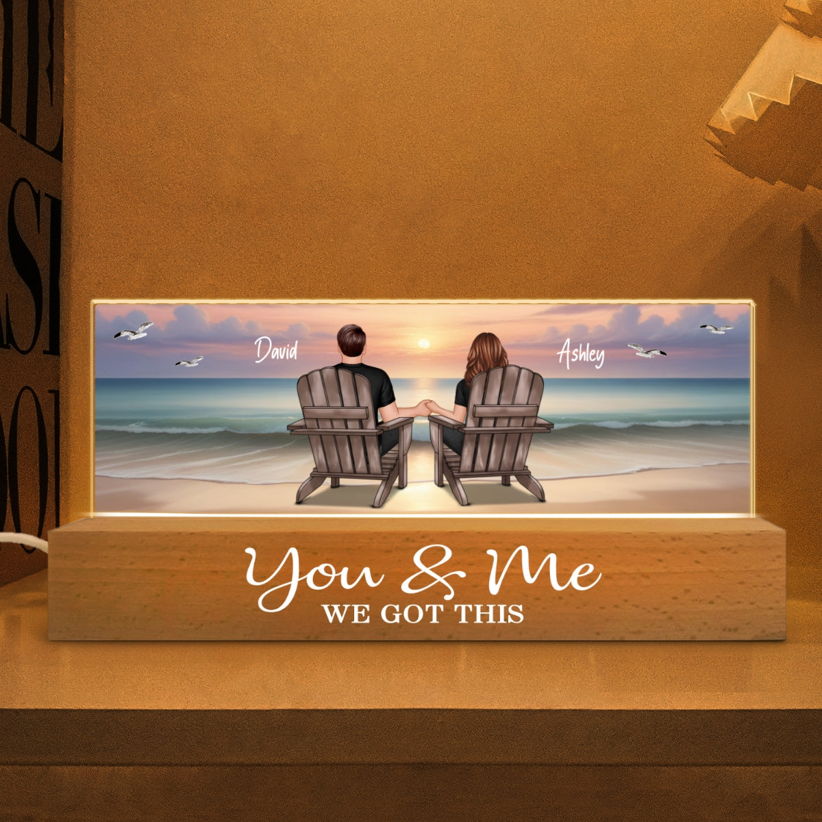 Eternal Sunset Beach Couple - Personalized Acrylic Block Plaque LED Night Light - Anniversary Gift For Girlfriend, For Wife