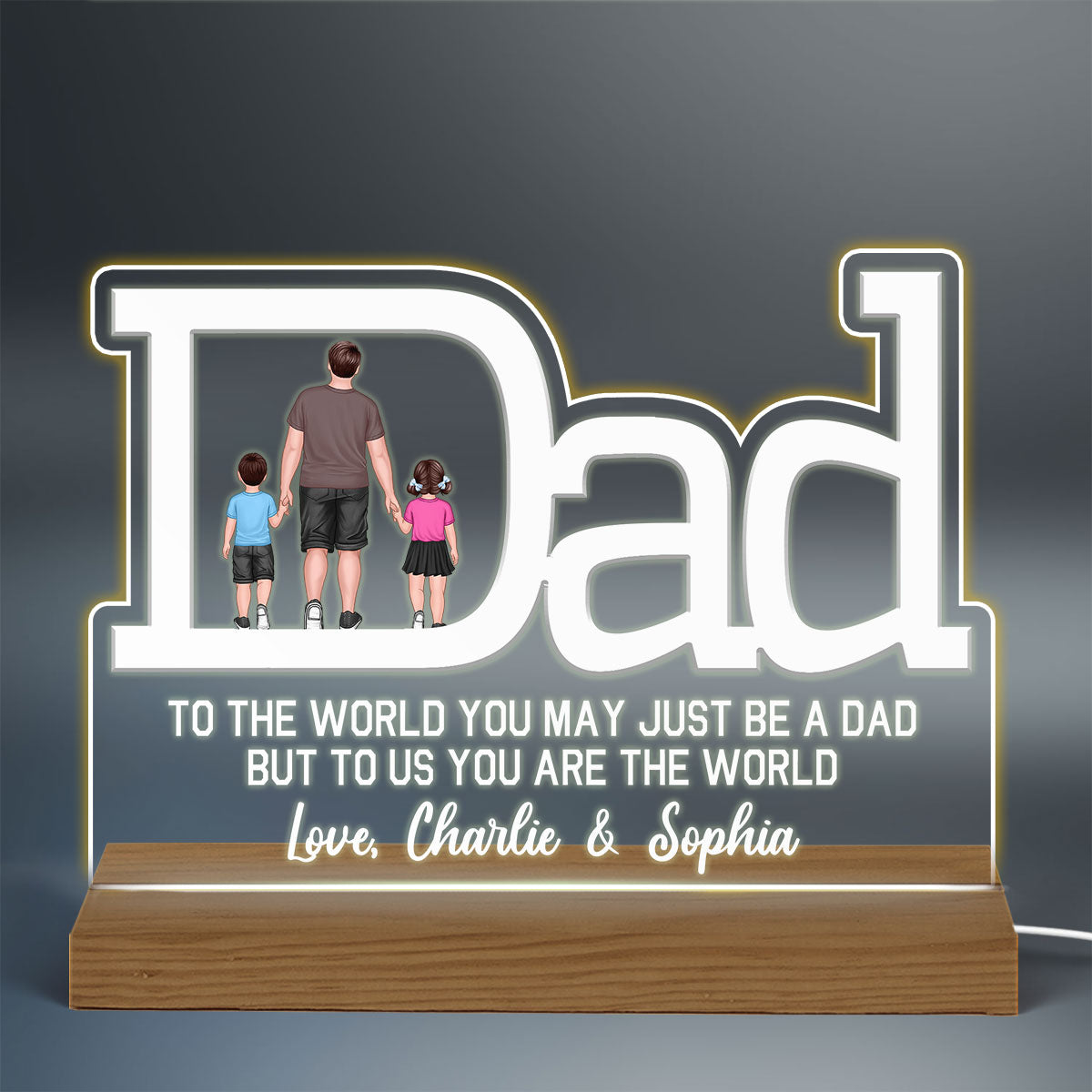 Dad Shape Back View Walking Dad & Kid Personalized Custom Shaped Acrylic Plaque With Warm LED Night Light