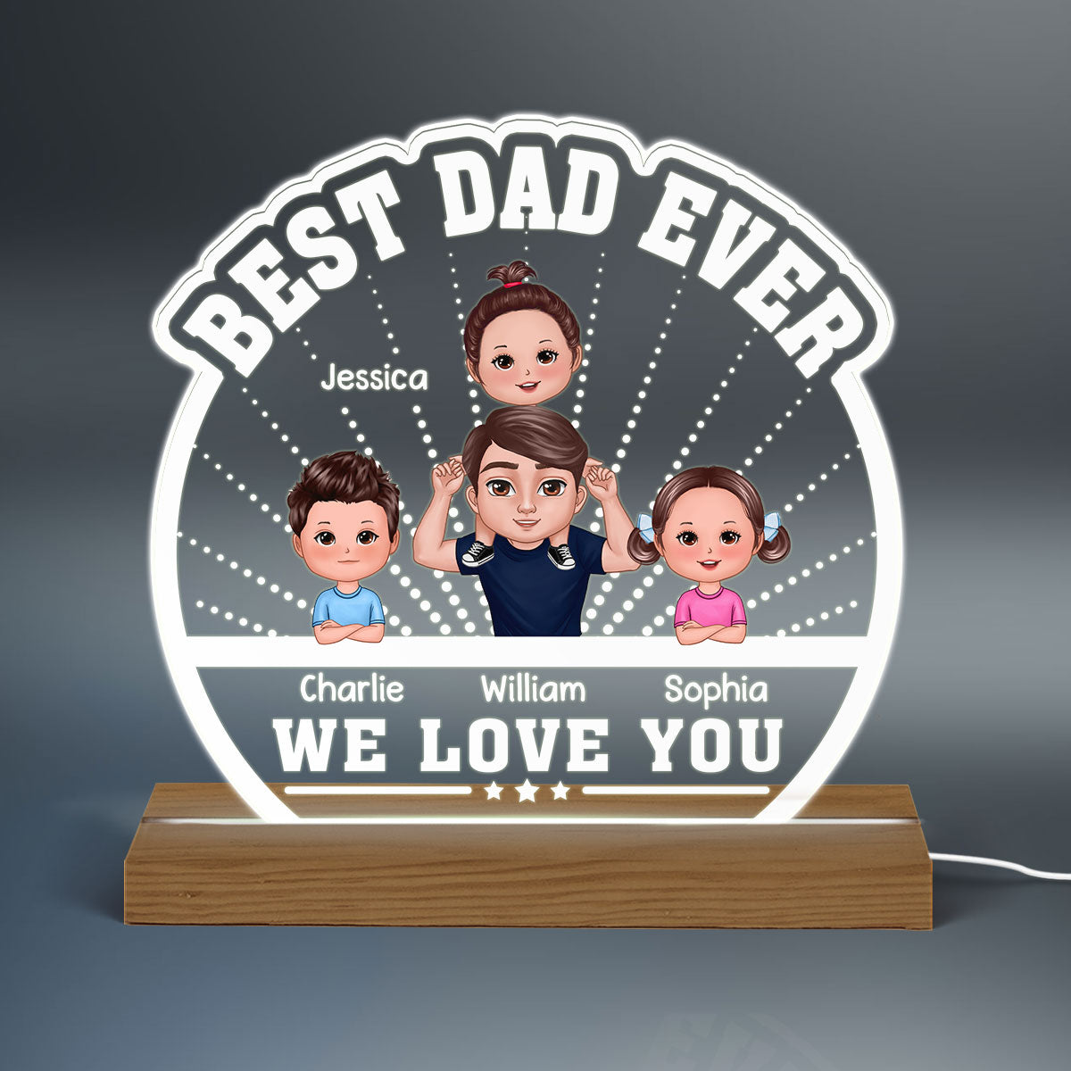 Best Dad Ever Piggyback Doll Dad & Kids Personalized Custom Shaped Acrylic Plaque With Warm LED Night Light