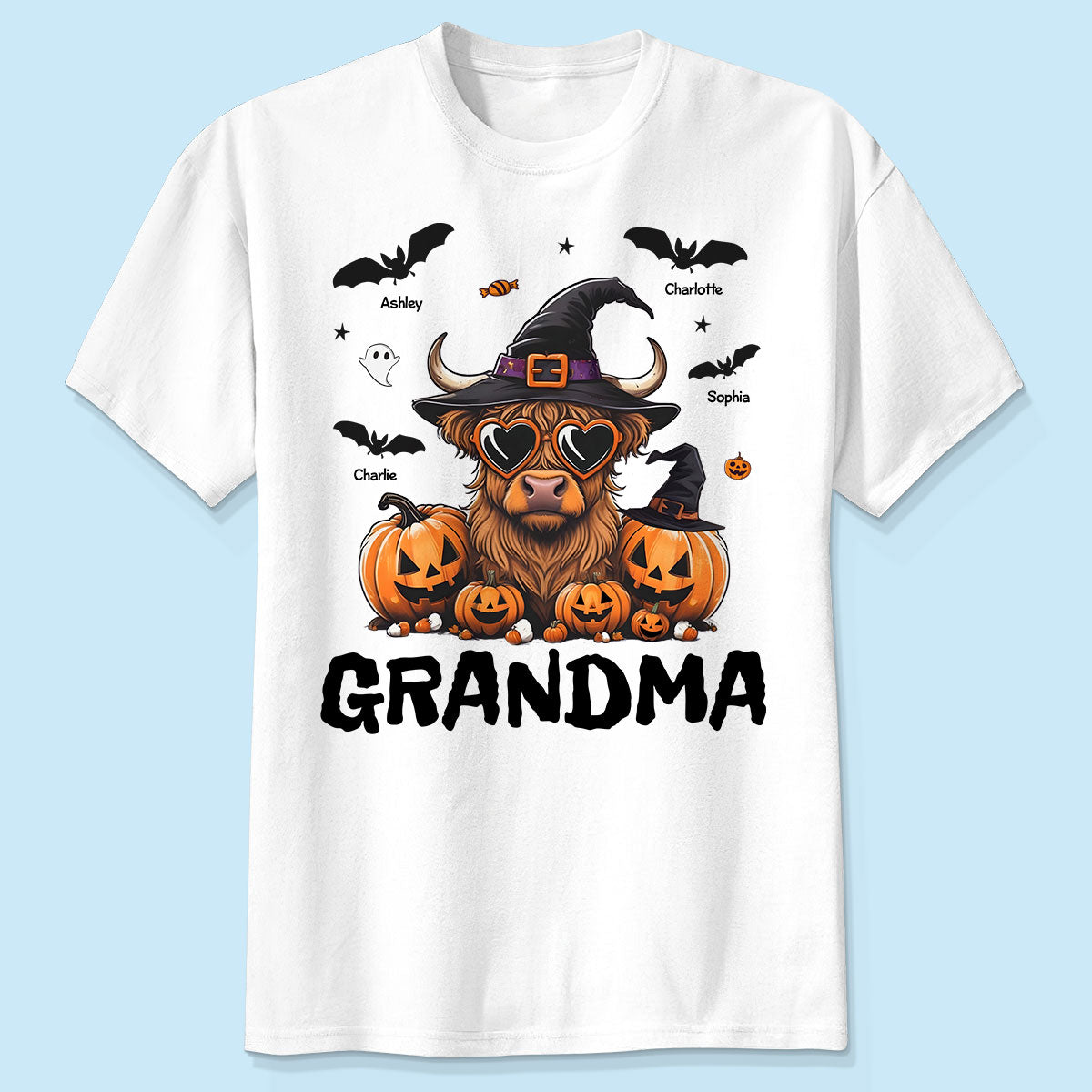 Grandma Halloween Highland Cow & Bats Kids Personalized Shirt, Gift For Grandma