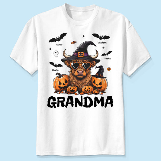 Grandma Halloween Highland Cow & Bats Kids Personalized Shirt, Gift For Grandma