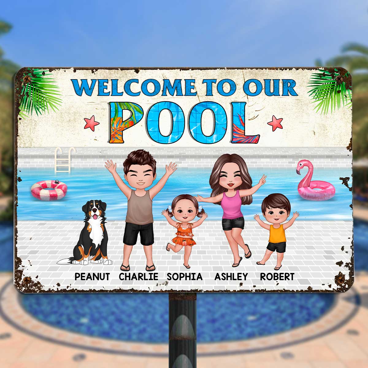 Summer Welcome To Our Pool Whole Family Doll Couple Dad Mom Kids Dogs Cats Personalized Metal Sign