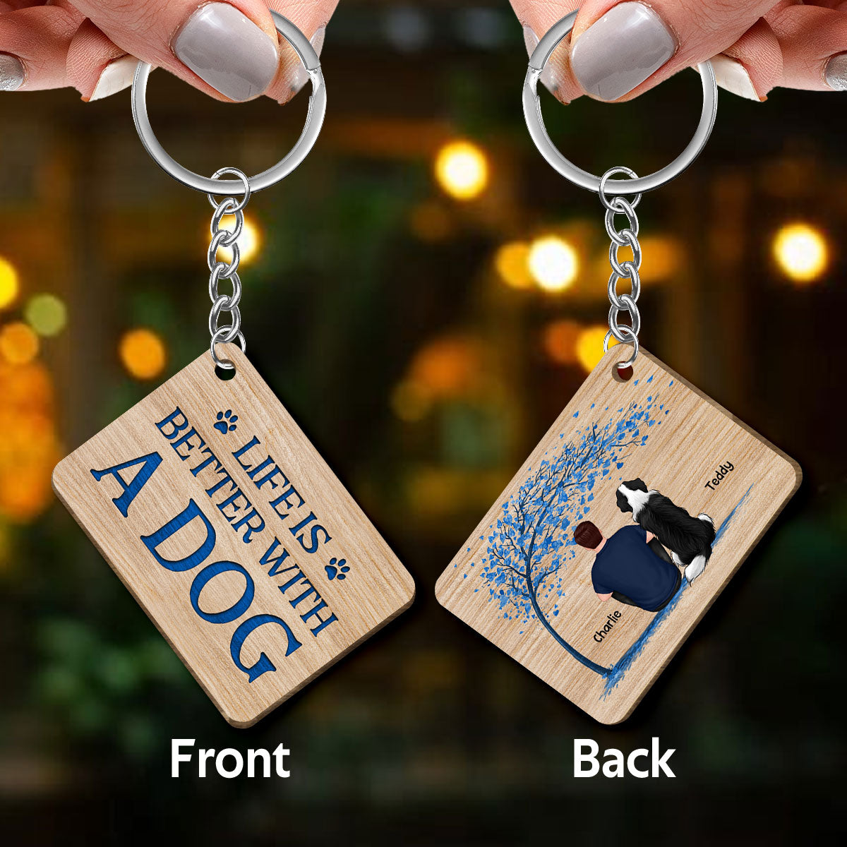 Dog Dad Back View Man And Dogs Sitting Under Blue Tree Personalized Wooden Keychain
