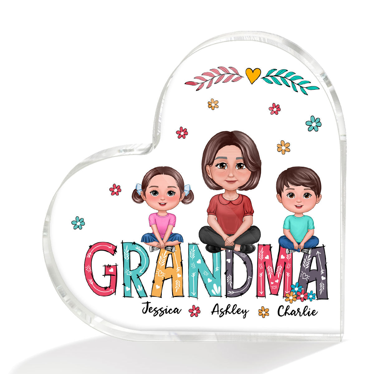 Pretty Doll Grandma And Kids Sitting On Colorful Text Personalized Heart Acrylic Plaque
