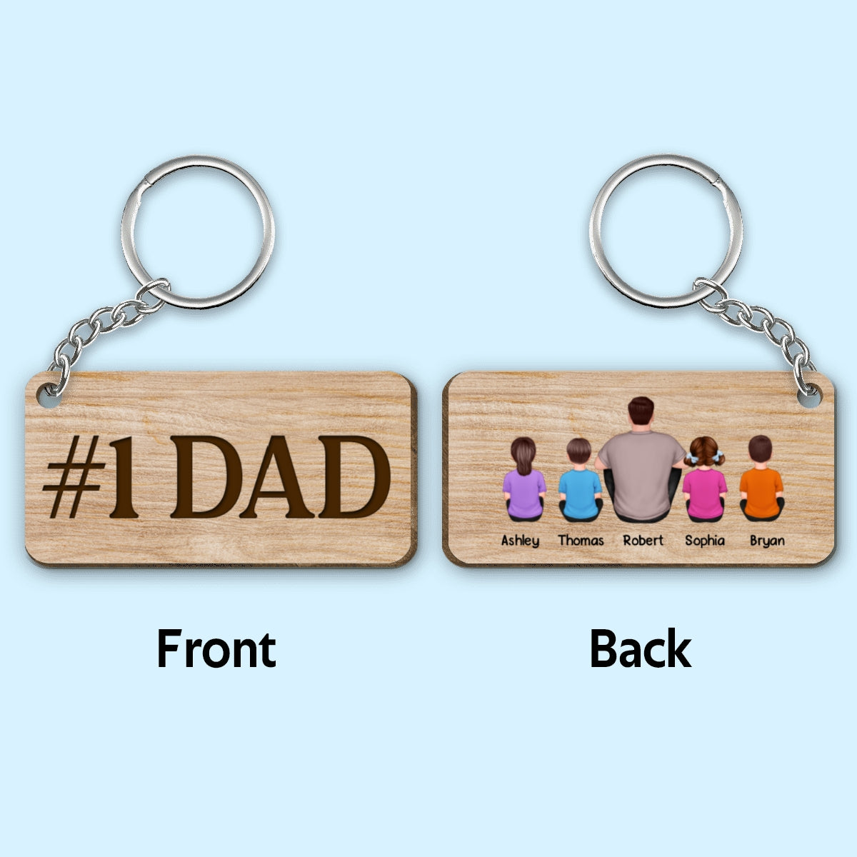 Best Dad Ever Back View Man Kids Dog Cat Personalized Wooden Keychain