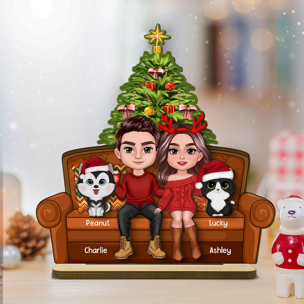 Christmas Couple With Dog Cat Sitting On Sofa Personalized 2 Layer Wooden Plaque