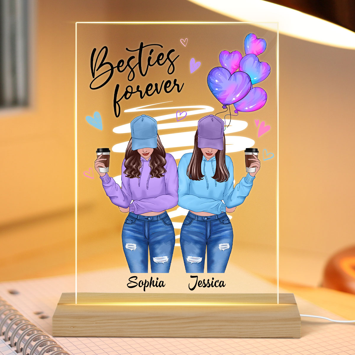 Galaxy Color Hearts Besties Forever Front View Besties Personalized Rectangle Acrylic Plaque LED Light Night