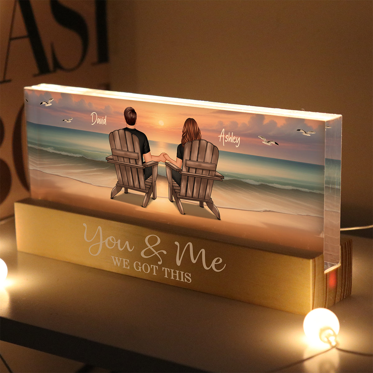 Eternal Sunset Beach Couple - Personalized Acrylic Block Plaque LED Night Light - Anniversary Gift For Girlfriend, For Wife