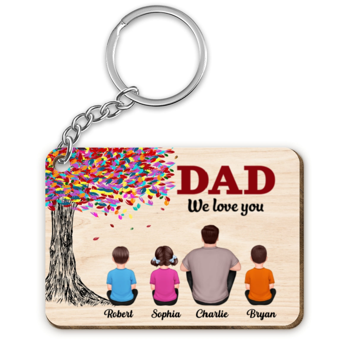 Best Dad Ever Colorful Tree Personalized Wooden Keychain