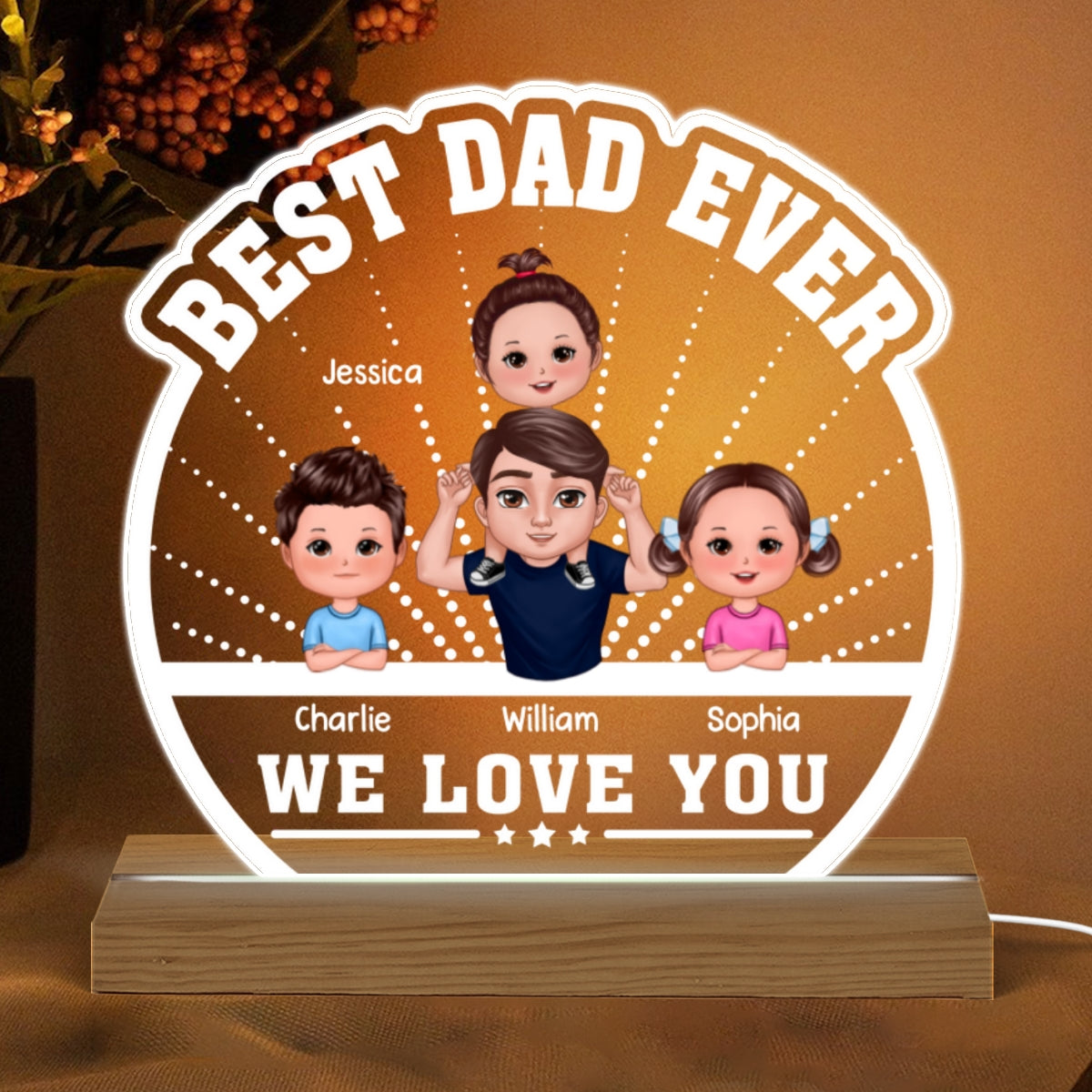 Best Dad Ever Piggyback Doll Dad & Kids Personalized Custom Shaped Acrylic Plaque With Warm LED Night Light
