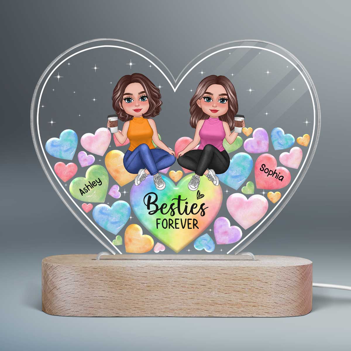 Pretty Doll Besties Sisters Hearts In Heart Personalized Heart Acrylic LED Night Light