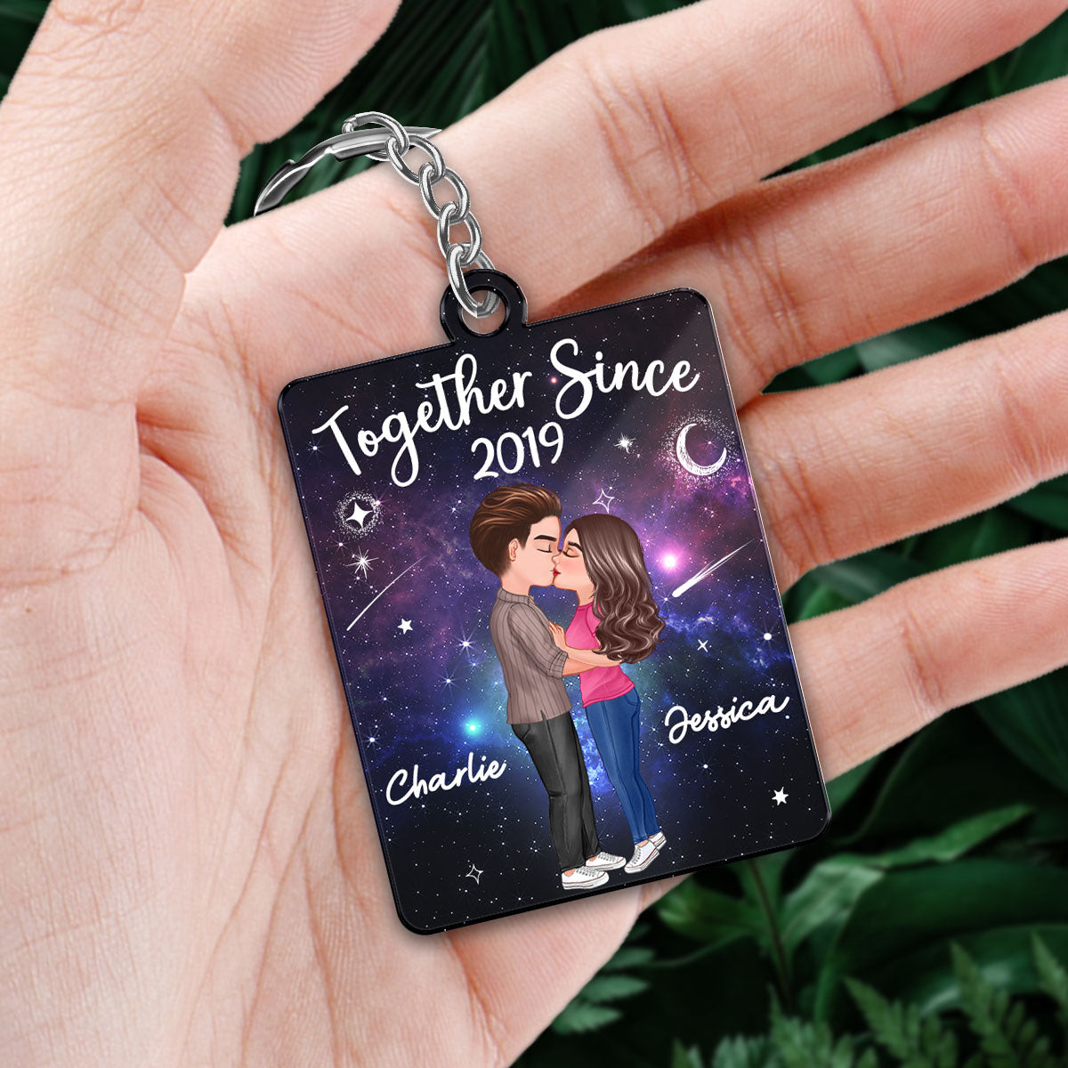 Doll Couple Kissing In Galaxy Night Favorite Song Scannable QR Code Personalized Acrylic Keychain