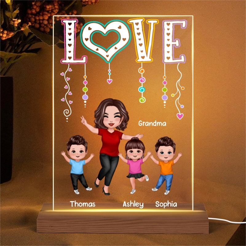 LOVE Happy Doll Grandma Mom With Kids Personalized Rectangle Acrylic Plaque LED Night Light