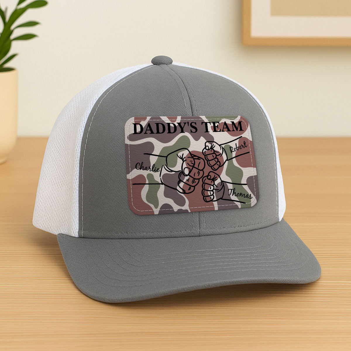 Dad Camouflage Pattern Fist Bump Outline Personalized Leather Patch Hat
