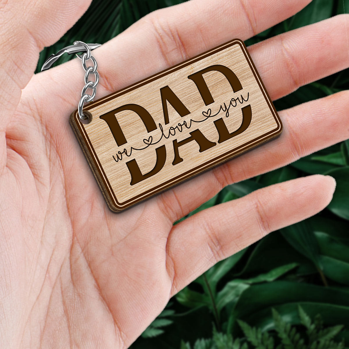 Best Dad Ever Back View Sitting Man Kids Dog Cat Border Personalized Wooden Keychain
