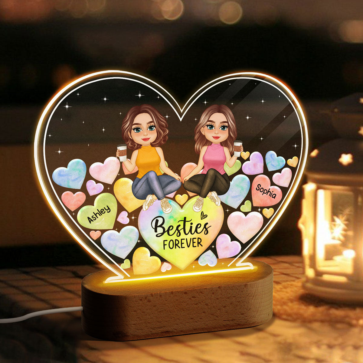 Pretty Doll Besties Sisters Hearts In Heart Personalized Heart Acrylic LED Night Light