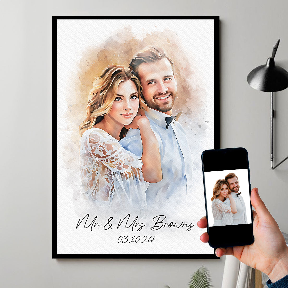 Watercolor Couple Portrait from Photo, Custom Wedding Anniversary Christmas Gift for Wife Husband Parents, Engagement Gift for Friend, Unique Wall Art