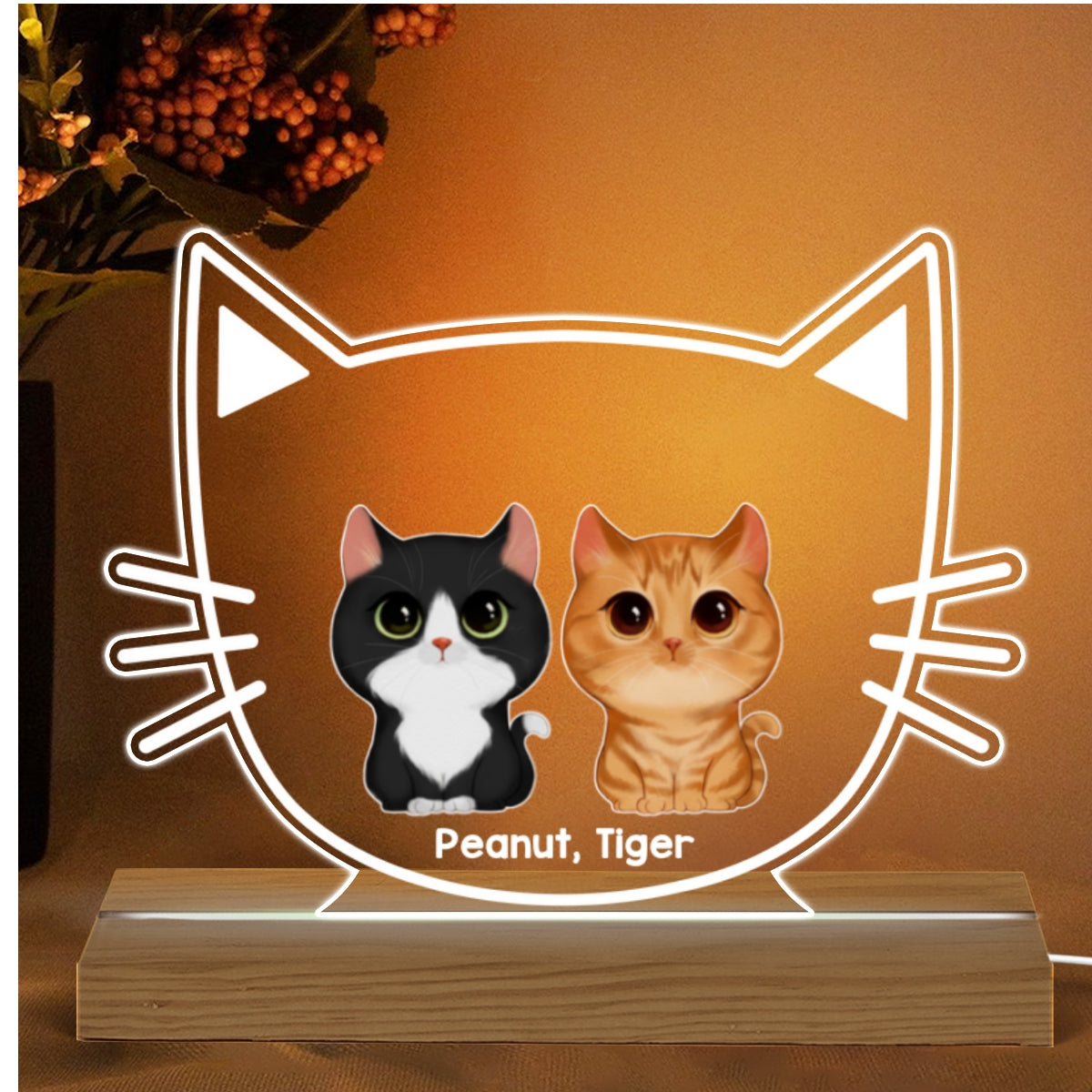 Cat Mom Watercolor Cute Cats Cat Face Personalized Custom Shape Acrylic Plaque Warm LED Night Light