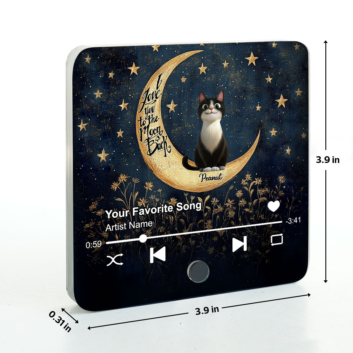 Cat Sitting On Moon Personalized Music Fridge Magnet, Gift for Cat Moms