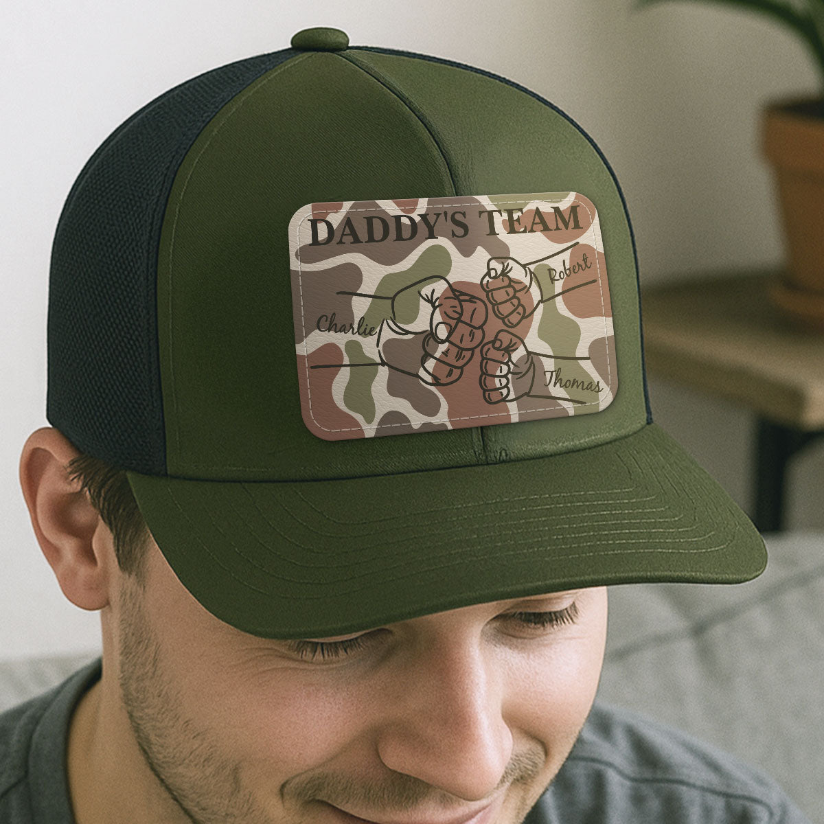 Dad Camouflage Pattern Fist Bump Outline Personalized Leather Patch Hat
