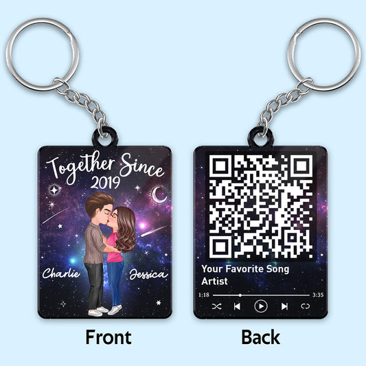 Doll Couple Kissing In Galaxy Night Favorite Song Scannable QR Code Personalized Acrylic Keychain
