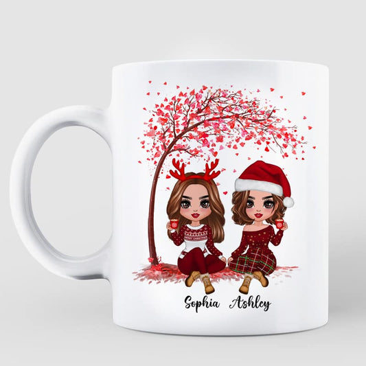 Sitting Doll Besties Under Pink Heart Tree Personalized Mug