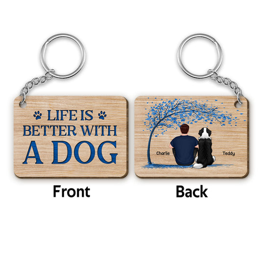 Dog Dad Back View Man And Dogs Sitting Under Blue Tree Personalized Wooden Keychain