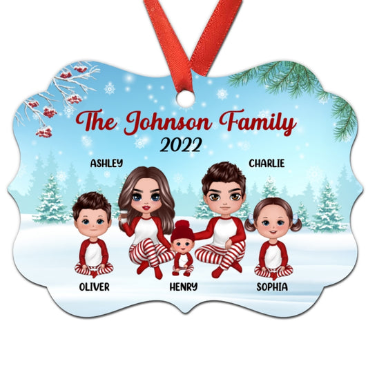 Pajamas Doll Family Sitting In Snow Personalized Christmas Ornament