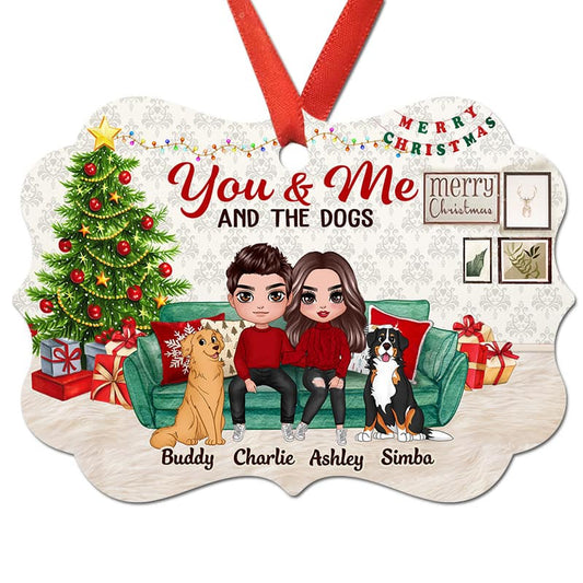 Couple And Dogs Sitting On Sofa Personalized Christmas Ornament