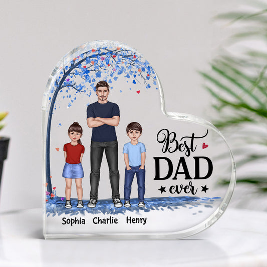 Dad And Kids Standing Front View Under Blue Tree Personalized Heart Acrylic Plaque