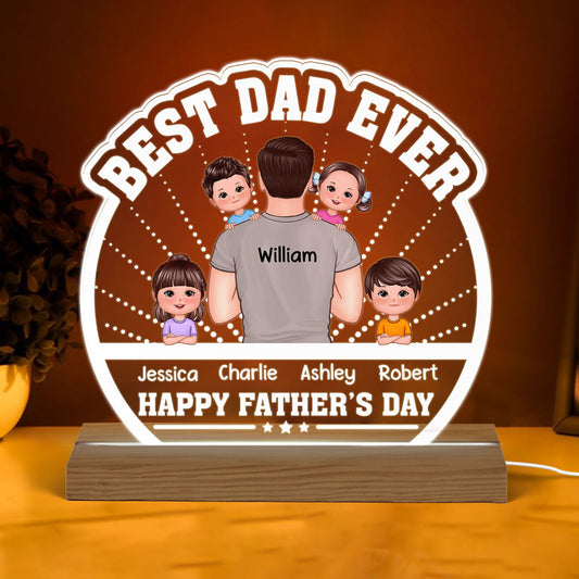 Best Dad Ever Back View Dad Holding Kids Personalized Custom Shaped Acrylic Plaque With Warm LED Night Light